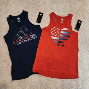 Lot of 2 NWT Adidas graphic red/blue racerback tank tops girls size medium 10/12